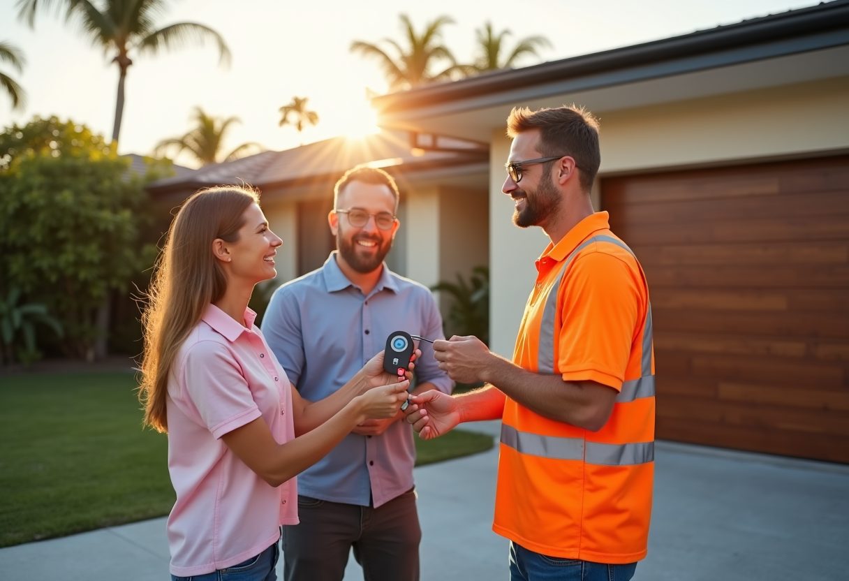 Technician handing over a garage remote at sunset — Taringa